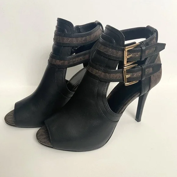 Michael Kors Women's Black Brown Logo Leather Open‑Toe Ankle Booties Size 7.5 - Picture 1 of 11
